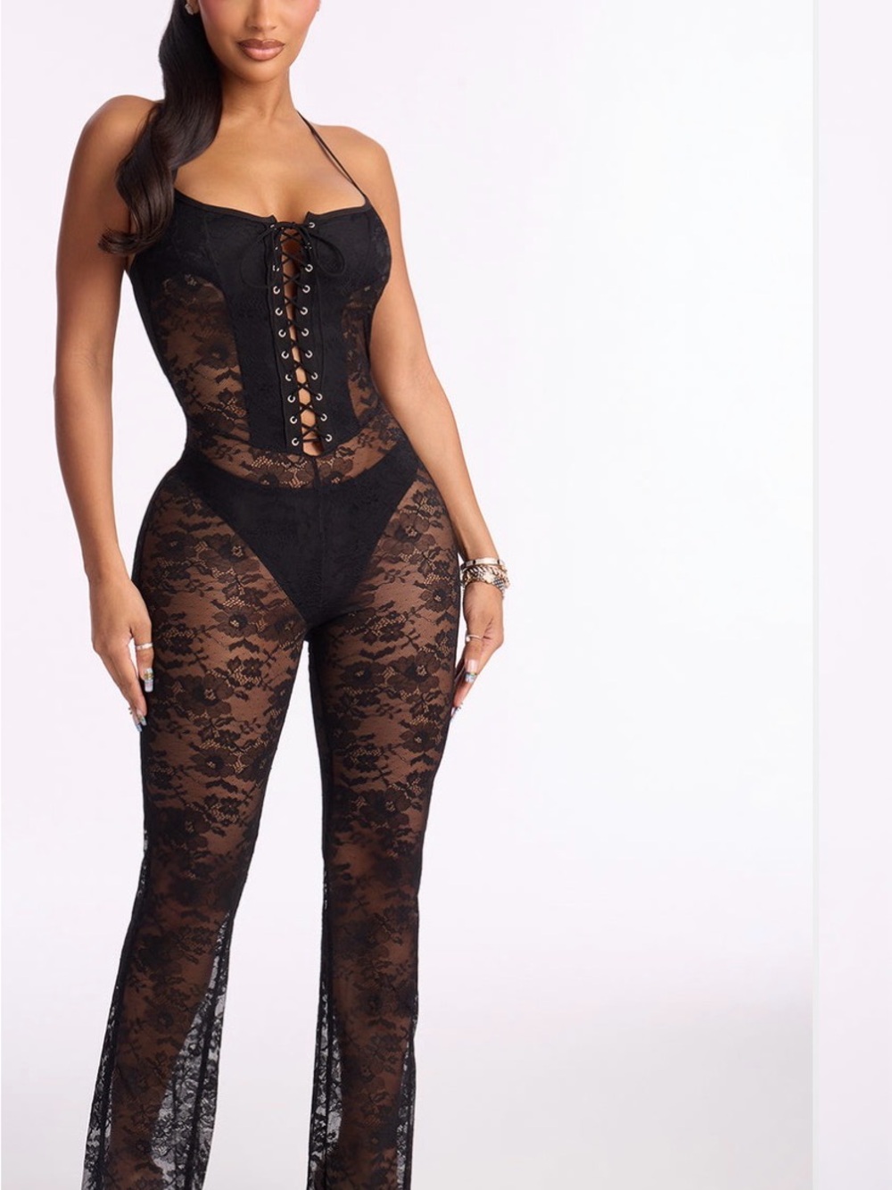 Fashion Nova Black Lace-Up Sheer Wide Leg Jumpsuit